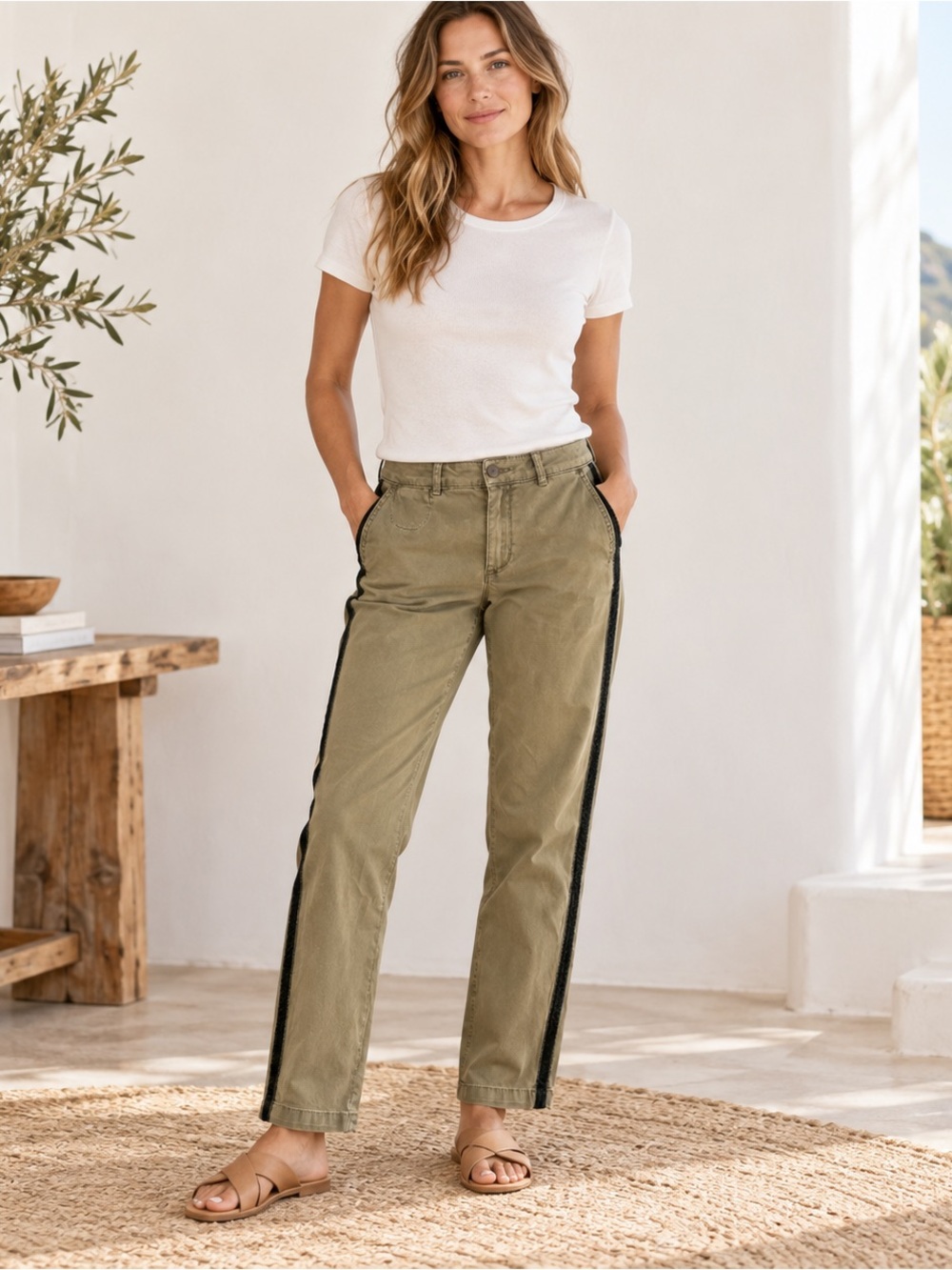Chino Anthropologie Pants Womens 29 Olive Relaxed Side Stripe Cotton